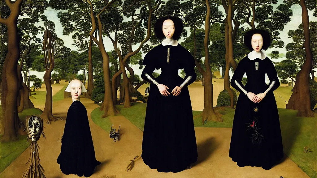 Prompt: portrait of a woman with blue frizzy hair, wearing a high collar black dress by alexander mcqueen and metallic platform shoes, standing in a botanical garden, bjork aesthetic, masterpiece, in the style of rogier van der weyden and jacopo da pontormo, punk, asian art
