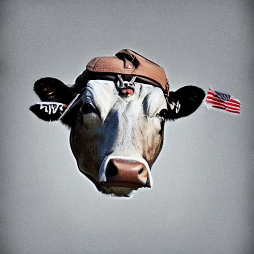 Image similar to a highly detailed ultra realistic photograph of a cow dressed in a male airplane pilot suit