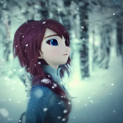 Image similar to portrait focus of ( ( angry super saiyan ) ) beautiful 3 d anime girl posing, frozen ice dark forest background, snowing, bokeh, inspired by masami kurumada, octane render, volumetric lighting