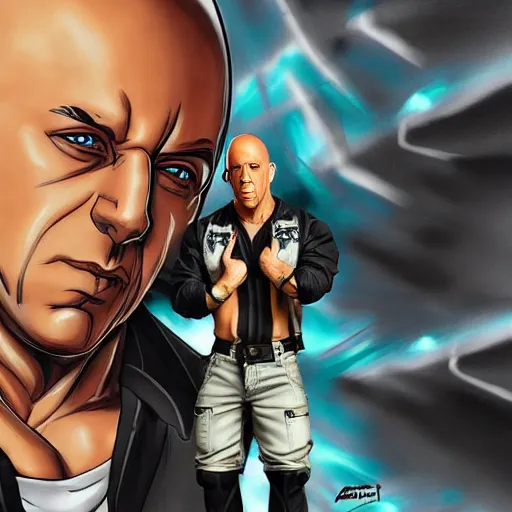 Image similar to Digital painting of Vin Diesel walking like a Italian model in JoJo\'s Bizzare Adventure anime style, latest fashion clothing from Italy, official media from JoJo\'s Bizzare Adventure, highly detailed, sharp focus, hard shadows, ArtStation, art by Hirohiko Araki