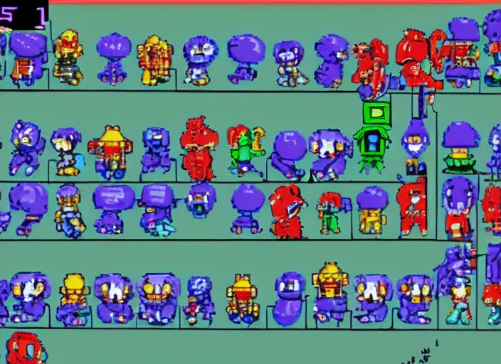 Image similar to screenshot of a 1 9 9 3 1 6 - bit snes mega man game stage - select screen consisting of a grid of 9 framed portraits of cute evil robots.