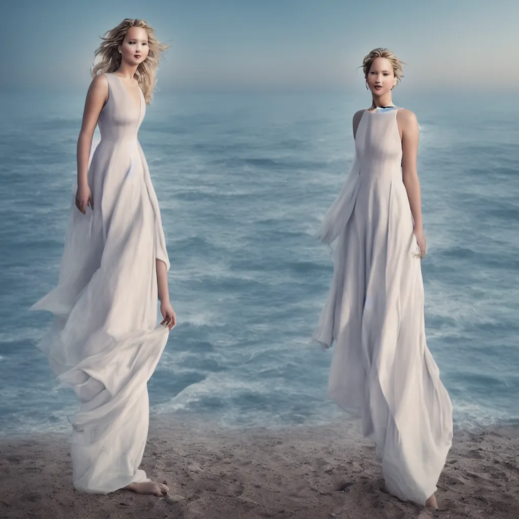 Prompt: a portrait photography of Jennifer Lawrence dress in white by Flora Borsi, with the sea behind, soft sunset lighting, pastel colors scheme, fine art photography, dramatic backgroung, 100 mm sigma art