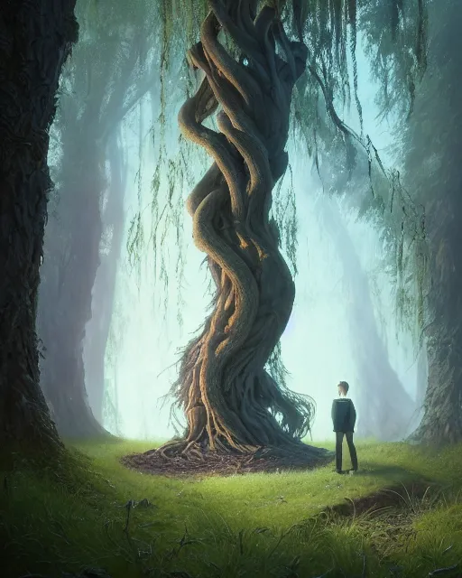 Image similar to highly detailed surreal vfx portrait of a cursed object in a shadowy forest by a willow tree, stephen bliss, unreal engine, greg rutkowski, loish, rhads, beeple, makoto shinkai and lois van baarle, ilya kuvshinov, rossdraws, tom bagshaw, alphonse mucha, global illumination, detailed and intricate environment