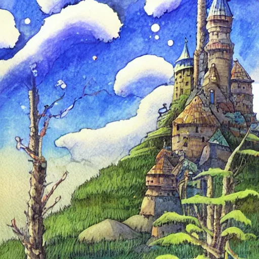 Image similar to laputa castle in the sky robot hayao miyazaki stands in a small clearing among trees, watercolor illustration for a book