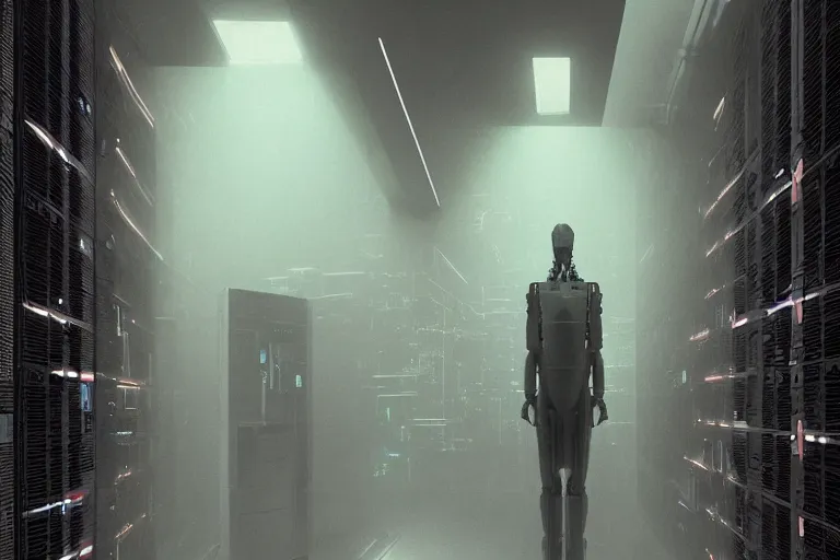 Image similar to extremely detailed cinematic movie still 3 0 7 7 foggy portrait shot of a robot in an endless data centre by denis villeneuve, wayne barlowe, simon birch, marc simonetti, philippe druillet, beeple, bright volumetric sunlight from small windows, rich moody colors