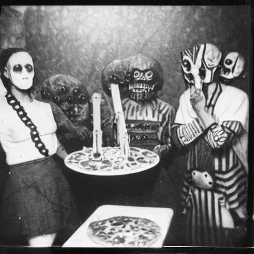Image similar to creepy occult ritual in pizza restaurant Polaroid highly detailed