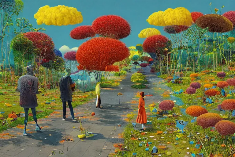 Prompt: surreal glimpse into other universe, jalan - jalan cari makan, summer morning, very coherent and colorful high contrast, art by!!!! gediminas pranckevicius!!!!, geof darrow, floralpunk screen printing woodblock, dark shadows, hard lighting, stipple brush technique,