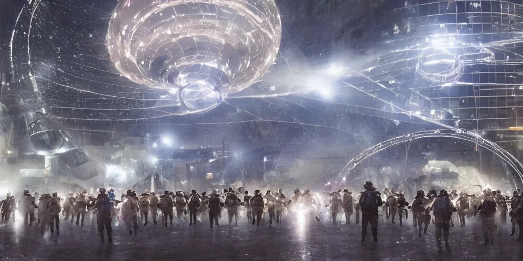 Image similar to policemen protecting a huge spiral - shaped bright white luminous attractor right in the center of the city from protesting people,, rain and light fog, professional lighting, concept art in 3 d, high detail, professional lighting, unreal engine