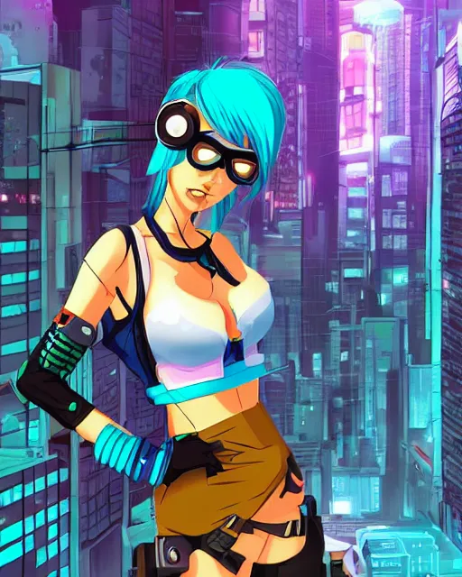 Prompt: cel shaded art of a pretty blue haired girl, jet grind radio graphics, cyberpunk city street background