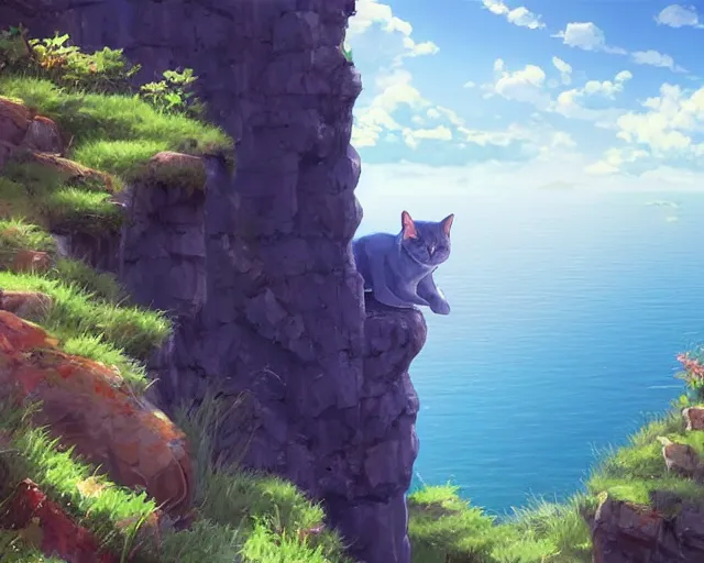 Image similar to one single Russian blue cat sitting on a cliff overlooking the sea. Blue water, nature, blue cat. By Makoto Shinkai, Stanley Artgerm Lau, WLOP, Rossdraws, James Jean, Andrei Riabovitchev, Marc Simonetti, krenz cushart, Sakimichan, D&D trending on ArtStation, digital art.