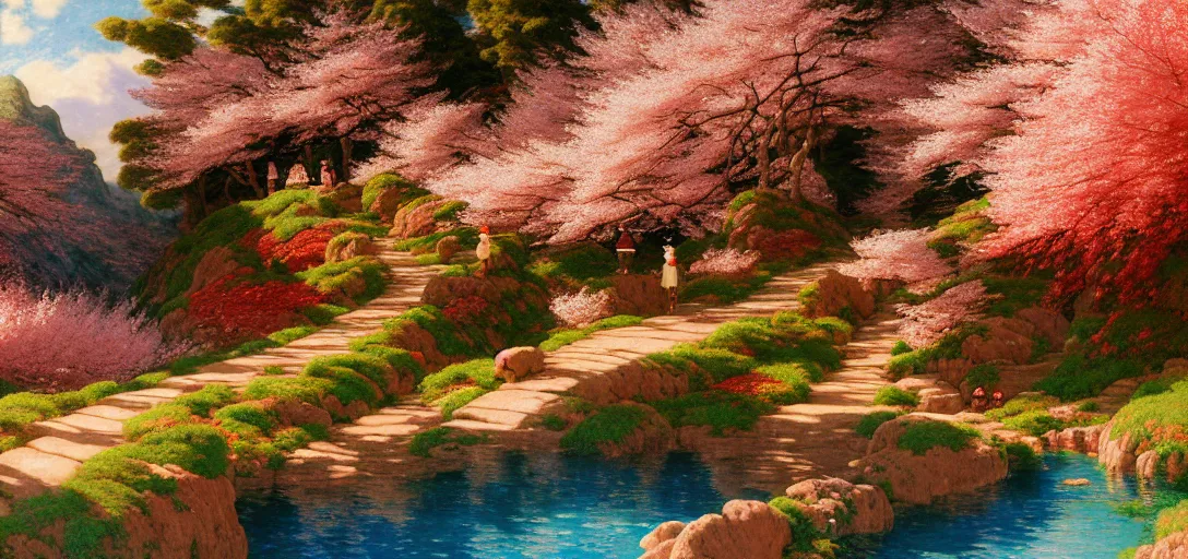 Image similar to ghibli illustrated background of a trail leading through a strikingly beautiful landform with strange rock formations and pools of red water, and cherry blossoms by vasily polenov, eugene von guerard, ivan shishkin, albert edelfelt, john singer sargent, albert bierstadt 4 k