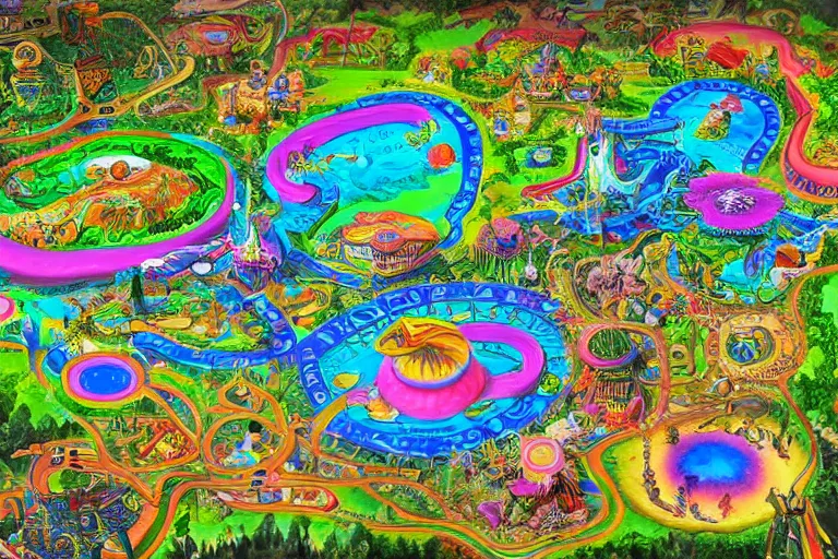 Image similar to Map of a psychedelic realm in the style of a theme park map highly detailed, full color, as painted by lisa frank and bob ross, unreal engine