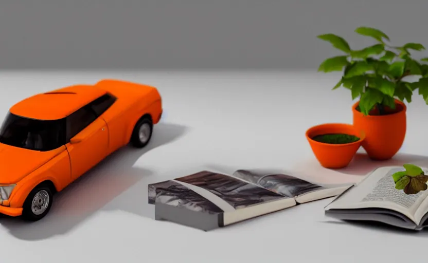 Image similar to a small miniature of a orange Toyota TE27 on a white table near a book and a vase with a plant, hyperrealistic, concept art, octane render, unreal engine 5, path tracing, complementary colors, calm, relaxing, serene, product photo, centered, symmetrical