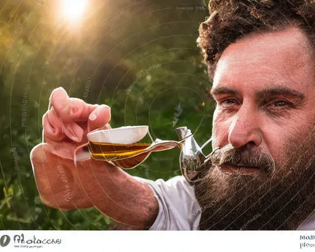 Image similar to mr robert is drinking fresh tea, smoke pot and meditate in a garden from spiral mug, detailed smiled face, short beard, golden hour closeup photo, red elegant shirt