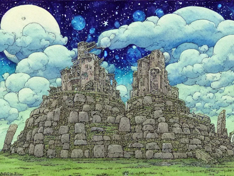 Image similar to hyperrealist studio ghibli watercolor fantasy concept art of an immense earthship solar home from howl's moving castle sitting on stonehenge like a stool. it is a misty starry night. by rebecca guay, michael kaluta, charles vess