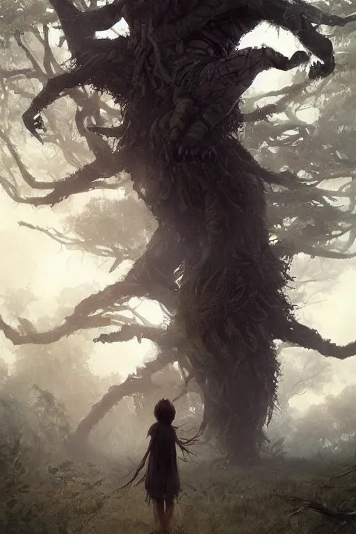 Prompt: a beautiful terrifying tree monster looms over a tiny human. at dawn, ethereal fantasy art by greg rutkowski