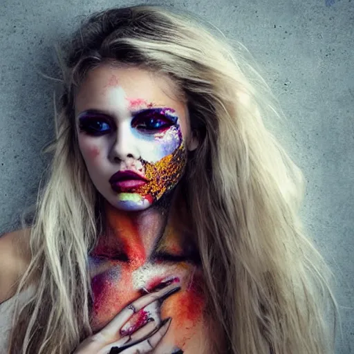 Image similar to astonishingly beautiful woman in tattered clothes revealing body, blonde hair, make up, vivid colors