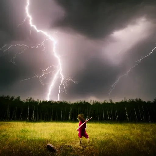 Prompt: young girl playing flute, birch forest clearing, storm at night, lightning dragons race down toward her, low angle facing sky, cinematic, dramatic lighting, big storm clouds, high contrast