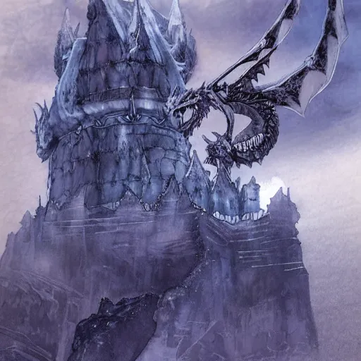 Prompt: highly detailed ice castle floating high above the ground being circled by a small white ice dragon, drawn by Yoji Shinkawa, water color, Dungeons and Dragons, Wizards of the Coast