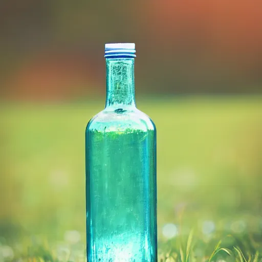 Prompt: symmetrical photo of small bottle standing, park background