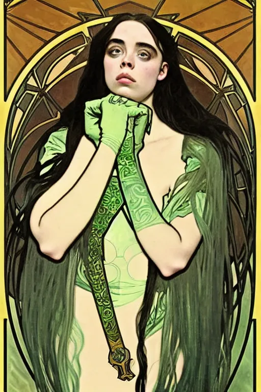 Image similar to Billie Eilish as female loki by alphonse mucha, hyper detail, hyper realistic