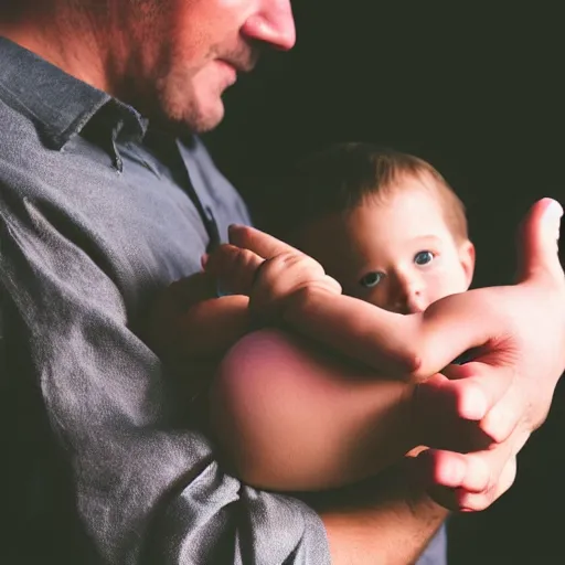 Prompt: Father holds child in the hand, realistic, siluette