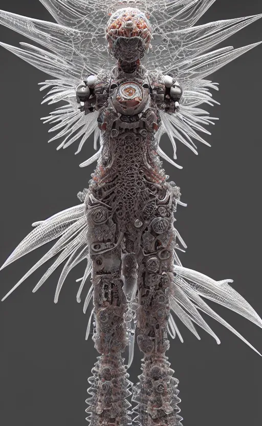 Prompt: intricate armored angel, eagle coral, jelly fish, mandelbulb 3 d, fractal flame, octane render, cyborg, biomechanical, futuristic, by ernst haeckel