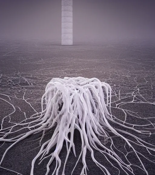 Image similar to surreal tower made of white crystalized aerial veins, inverted white roots in the floor, in the desert, foggy sky, dark night, octane render, unreal engine, pale colors, high detail, 8 k, wide angle, trending on artstation, behance