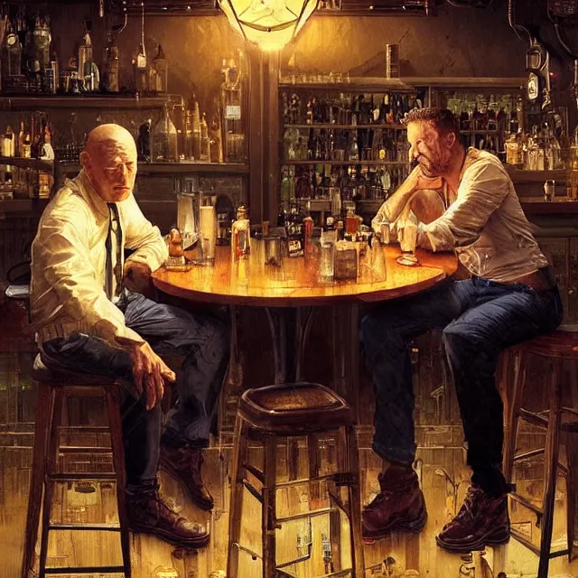 Image similar to two men sitting at a bar drinking whiskey, near future, sci - fi concept art, by greg rutkowski and norman rockwell, highly detailed, intricate details, soft lighting, studio lighting