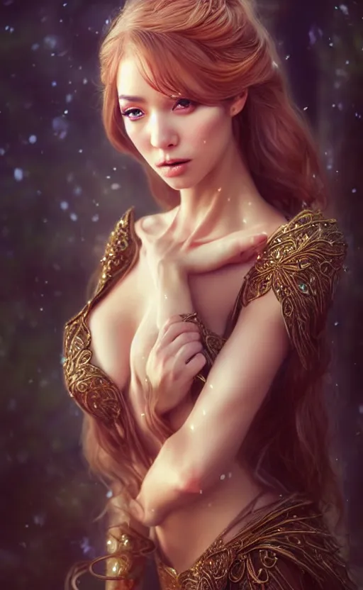 Prompt: a fantasy photo of gorgeous russian female, evening gown, bokeh, medium shot, beautiful face, professionally retouched, soft lighting, realistic, smooth face, perfect eyes, sharp focus, 8 k realistic high definition, insanely detailed, intricate, elegant, art by artgerm and kyoung hwan kim