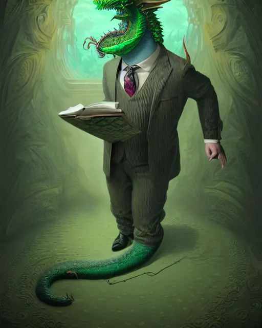 Image similar to anthropomorphic art of a businessman dragon, green dragon, portrait, victorian inspired clothing by artgerm, victo ngai, ryohei hase, artstation. fractal papers and books. highly detailed digital painting, smooth, global illumination, fantasy art by greg rutkowsky, karl spitzweg