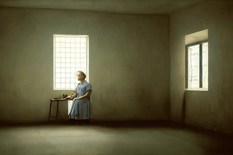 Image similar to a cinematic painting of an old female prisoner inside of jail cell looking out of a window onto a beautiful serene landscape, beautiful lighting, high depth, ultra realistic, artistic, by annie leibovitz, by gregory crewdson