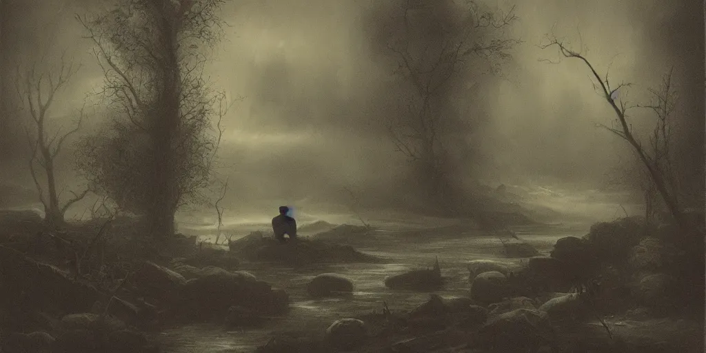 Prompt: a man sits at the edge of a river in the underworld waiting for the ferryman charon, beksinksi, dark and moody,