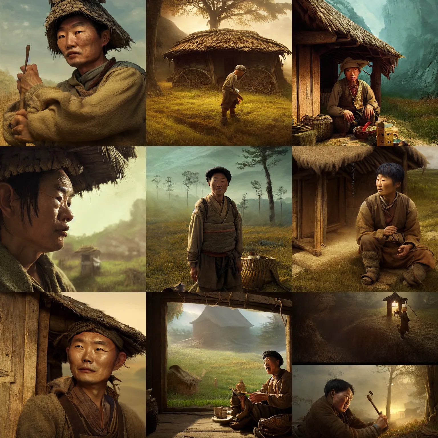 Prompt: Sang Jung Kim as an intelligent, cunning, playful peasant man, sits in a peasant hut. High detail, photorealistic, cinematic lighting, brown tones, atmospheric, fantasy concept art by Artur Mósca, Craig Wylie, Daniel Gerhartz