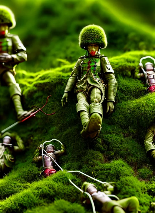 Prompt: Detailed Extreme Close-Up Of Toy Soldiers In Moss And Grass, masterpiece by Edgar Maxence and Ross Tran and Michael Whelan, gustav dore, 8k, octane render