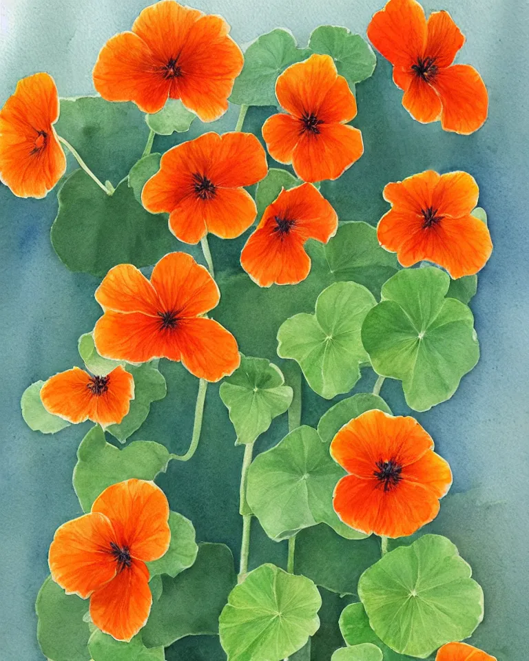 Prompt: award winning watercolour painting of nasturtiums