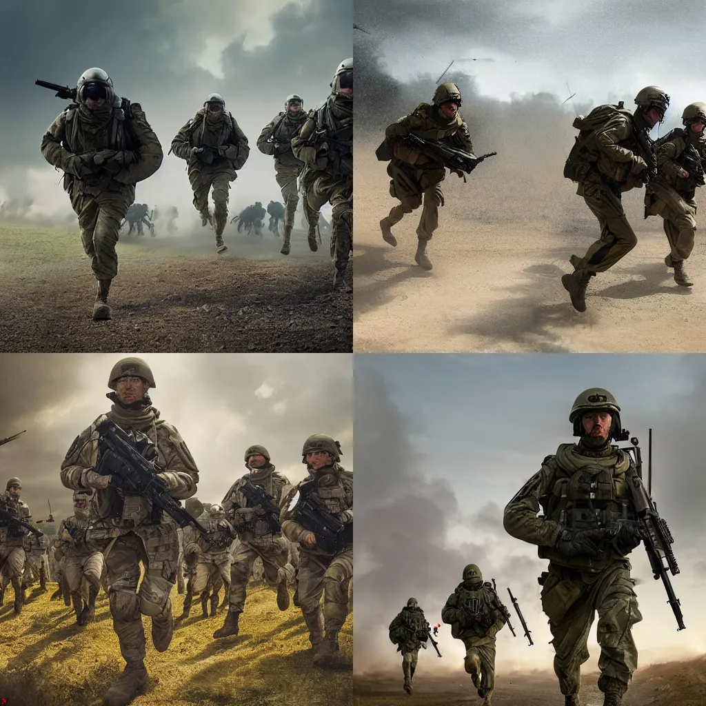 Prompt: Portrait of a modern British army squad in full gear sprinting through enemy territory, cinematic lighting, front lighting, 4k, award-winning, by Greg Rutkowski, full body visible,