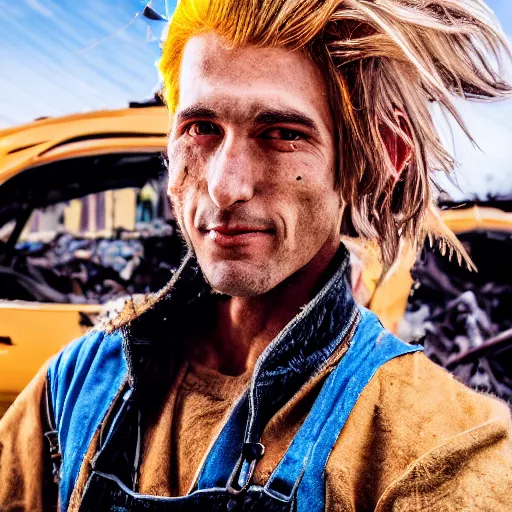 Image similar to close up headshot of a skinny high-fantasy elf with a long face narrow chin and spiky blonde hair wearing dark brown overalls and holding a bomb next to a destroyed car, gel spiked blond hair, high resolution film still, HDR color