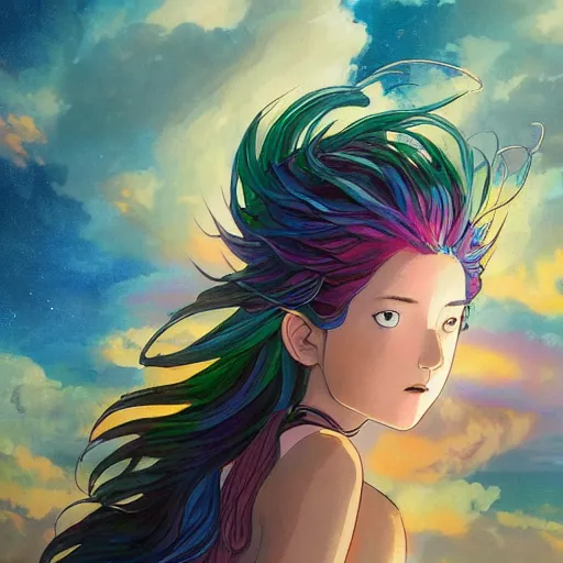 Image similar to a film still portrait of rainbow - haired goddess painting the earth, finely detailed features, closeup at the faces, perfect art, in space, gapmoe yandere grimdark, trending on pixiv fanbox, painted by greg rutkowski makoto shinkai takashi takeuchi studio ghibli, akihiko yoshida