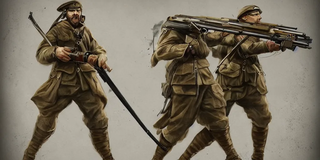 Image similar to Full body concept art of A High fantasy WW1 lion firing a heavy shotgun trending on artstation deviantart Pinterest detailed High Resolution HD 8k