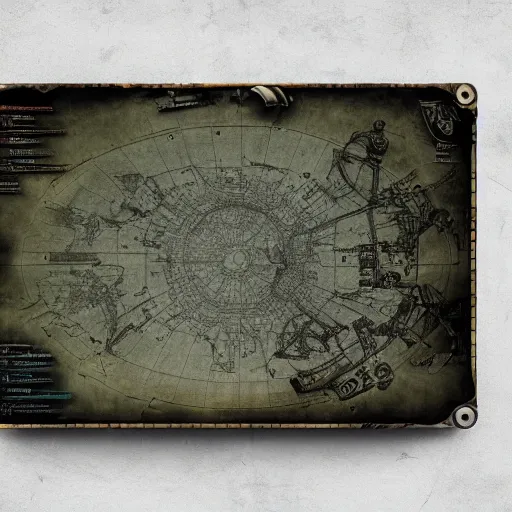 Image similar to roleplaying game table top map of an empty ussr submarine, messy, foggy and dark, inspired with blueprints, steampunk, photorealism, 8k, cinematic, high details, neat