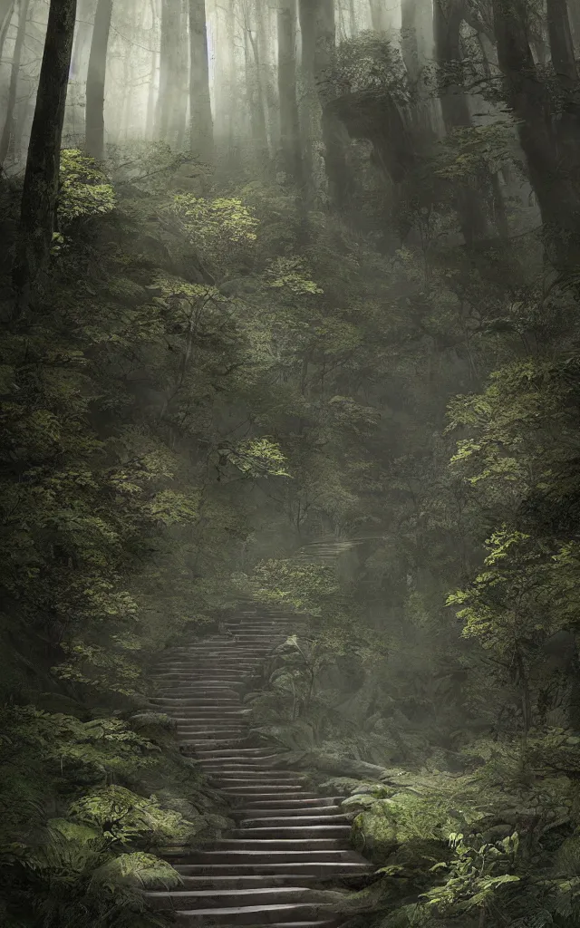 Image similar to ! a person walking up a set of stairs in the woods!, the journey of life, each stage is a step in a stairway, detailed, 4 k, octane, a detailed matte painting by huang ding, cgsociety, fantasy art, mystical, mist, warm tones