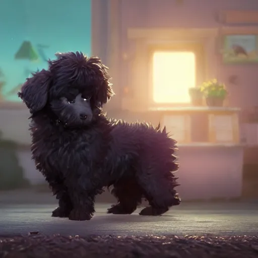 Image similar to a wholesome animation key shot of a black bernedoodle puppy, studio ghibli, pixar and disney illustration, sharp, rendered in unreal engine 5, anime key art by greg rutkowski, bloom, dramatic lighting