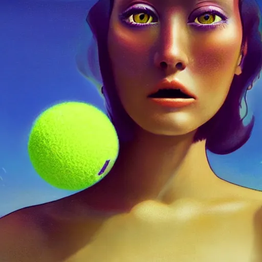 Prompt: Lofi vaporwave portrait beautiful tennis ball monster diva model, dress, bikini, chalk, Pixar style, Tristan Eaton, Stanley Artgerm, Tom Bagshaw, Basil Gogos