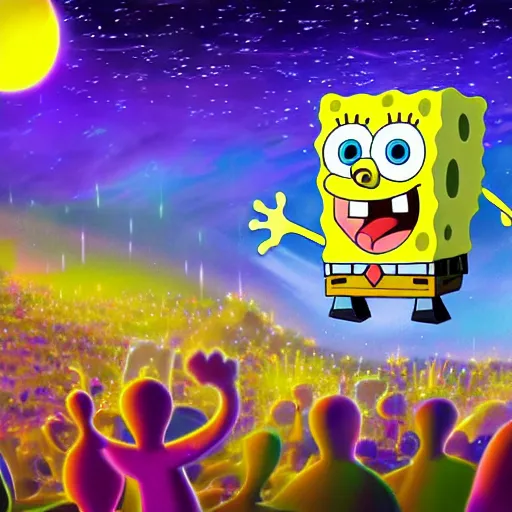 Image similar to spongebob rock concert on the moon, shot taken from behind spongebob on the stage looking the crowd, concert lighting, digital art, highly detailed, concept art, nickelodean style, party atmosphere, dark sky