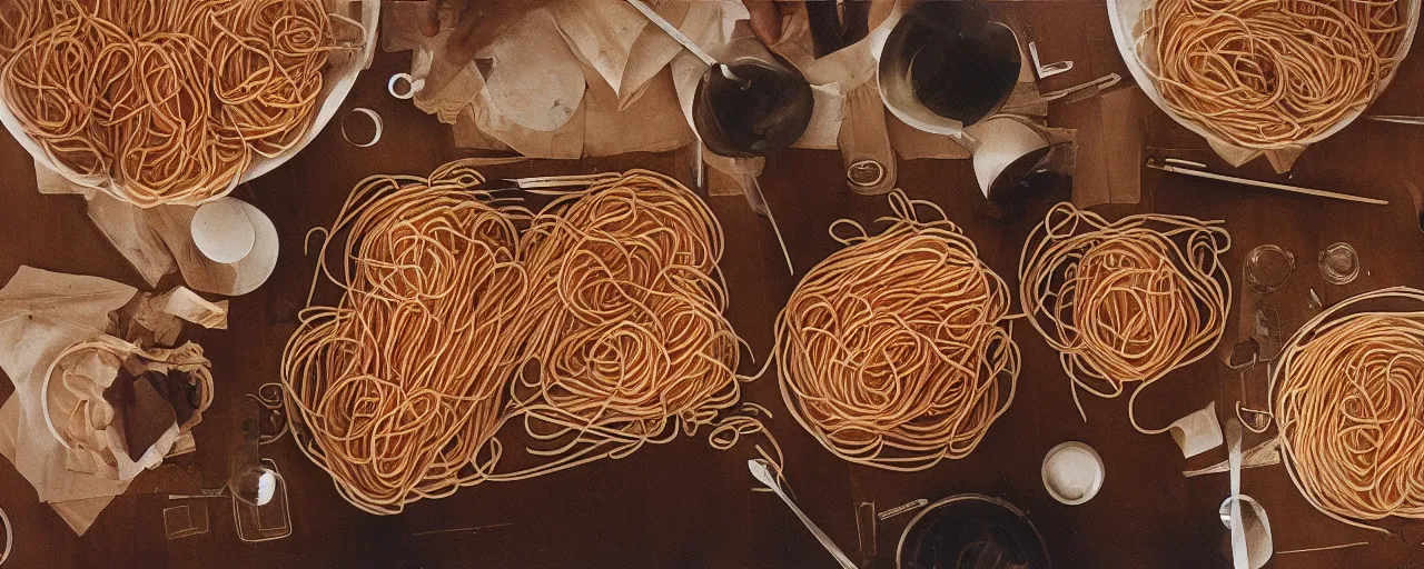 Image similar to the ancient greeks using spaghetti in geometry, canon 5 0 mm, wes anderson film, kodachrome