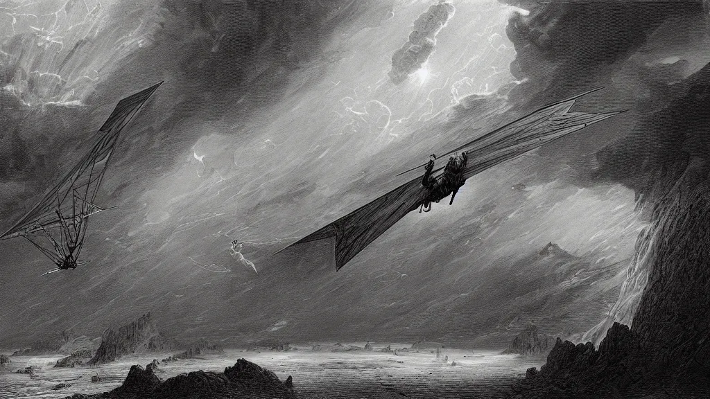 Image similar to drawing of an ornithopter flying toward a desert storm, by gustave dore, nineteenth century, black and white, vintage, science fiction, epic composition, dramatic lighting, highly detailed, cinematic