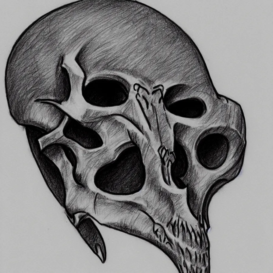 Image similar to pencil sketch of a stylized dinosaur skull symbol