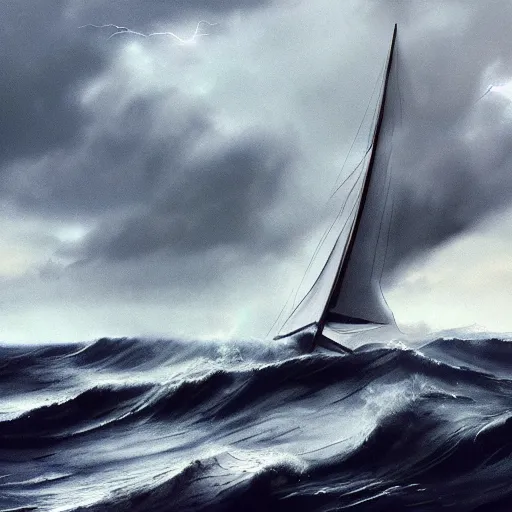 Prompt: sailboat in stormy waters, dark clouds, huge waves, gloomy, overcast, moody atmospheric, storm clouds, lightning illuminating sails, concept art, detailed, artstation award