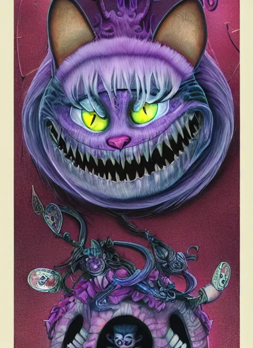 Prompt: cheshire cat the magician tarot card, highly detailed, half skull face, cinematic, 8 k, bymegan duncanson, benjamin lacombe, naoto hattori, adrian borda, giger, trending on deviantart, hyper detailed, horror, full of colour